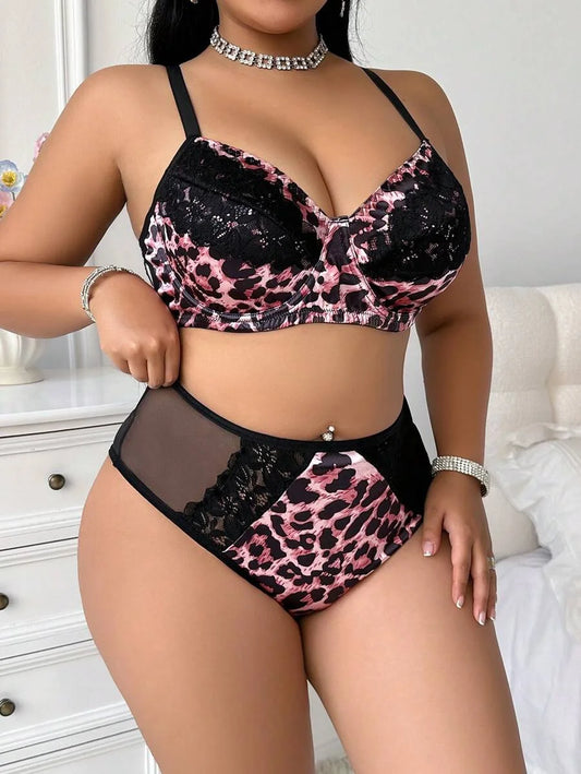 2 PcsSet Curvy Sexy Wild Leopard Print PushUp 34 Cup Underwired Floral Lace HighWaist Panty Plus
