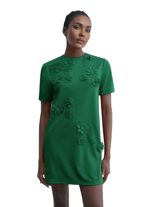Green Round Neck 3D Floral Decor Fitted Mini Dress, Elegant Simple For Holiday Party, Occasion - modified image