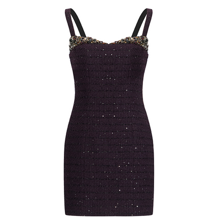 Fitted mini dress with shimmering embellishments, delicate straps, and a structured silhouette. Made from 85% polyester, 15% wool, and lined with 100% polyester