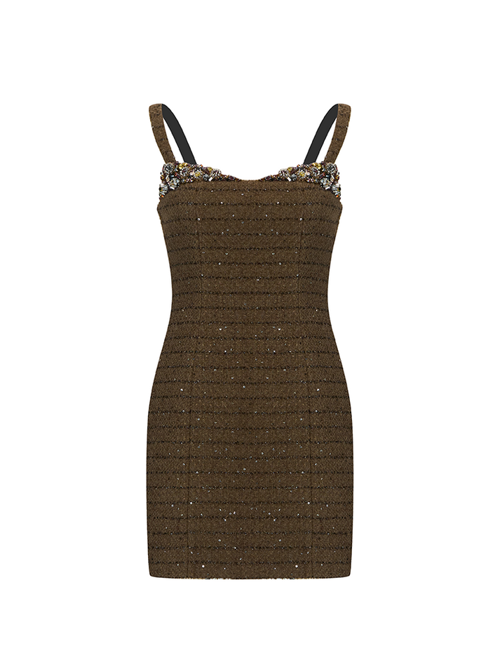 Fitted mini dress with shimmering embellishments, delicate straps, and a structured silhouette. Made from 85% polyester, 15% wool, and lined with 100% polyester