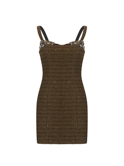Fitted mini dress with shimmering embellishments, delicate straps, and a structured silhouette. Made from 85% polyester, 15% wool, and lined with 100% polyester