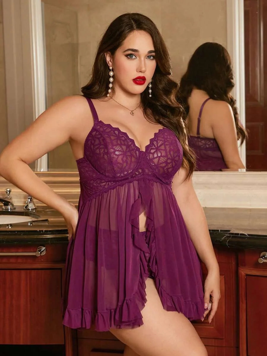 2pcs Plus Size Lace amp Mesh Splice Sexy Lingerie Set With Wire