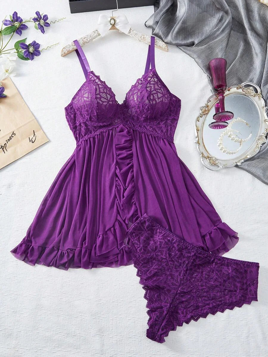 2pcs Plus Size Lace amp Mesh Splice Sexy Lingerie Set With Wire