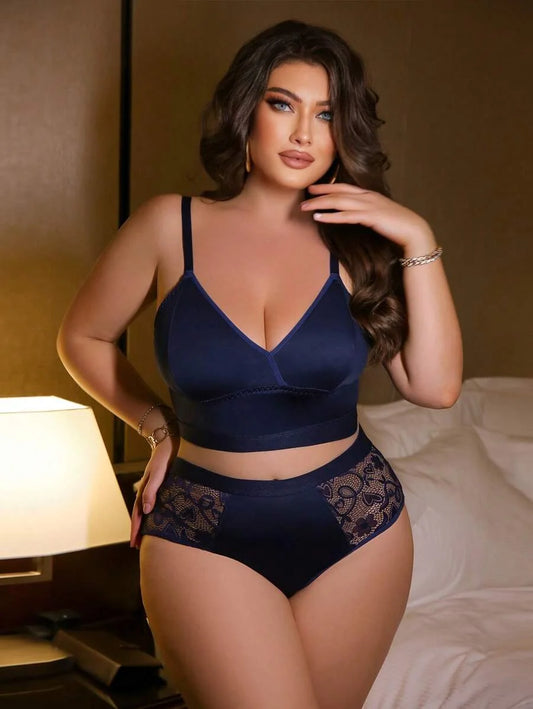 2pcs Plus Size Lace Patchwork Wireless Bra Set