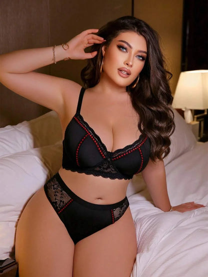 2pcs Plus Size Sexy Lace Patchwork With Wire Bra Set