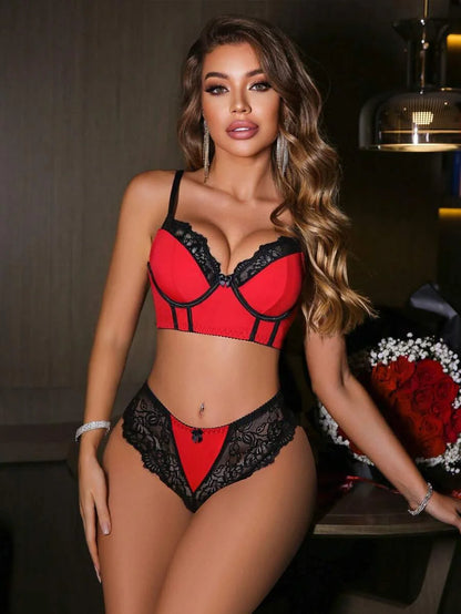 2pcs Set Women Lace Patchwork Wire Bra