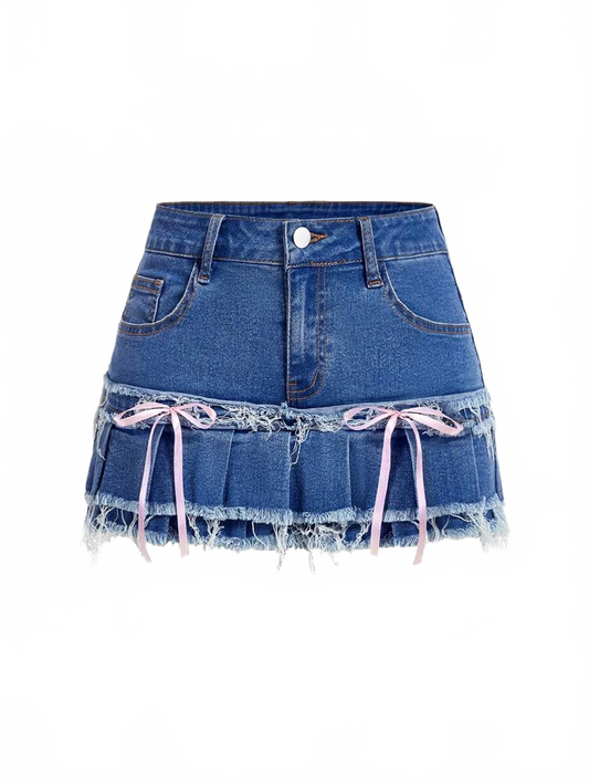 Dallas Denim Shorts Women Ruffle Skirt with Bow Detailing in Blue