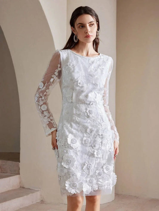 3D Embroidered Mesh Long Sleeve Backless Fitted White Cocktail Party Dress