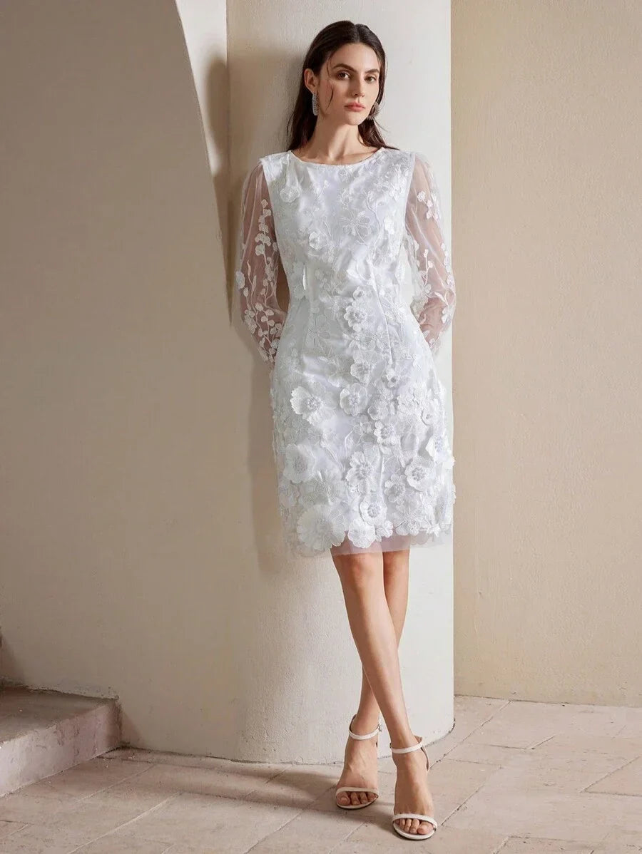 3D Embroidered Mesh Long Sleeve Backless Fitted White Cocktail Party Dress