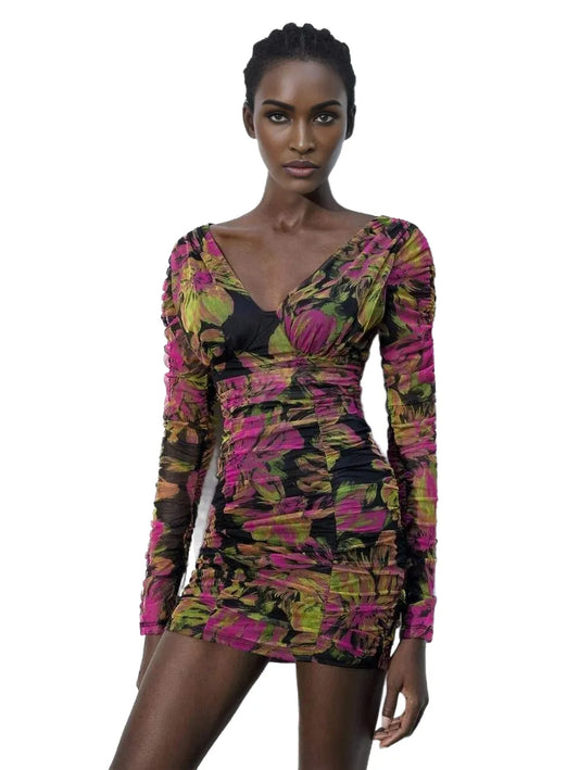 Rebekah Short Dress with Ruched Detail and Long Sleeves in Multicolor - modified image