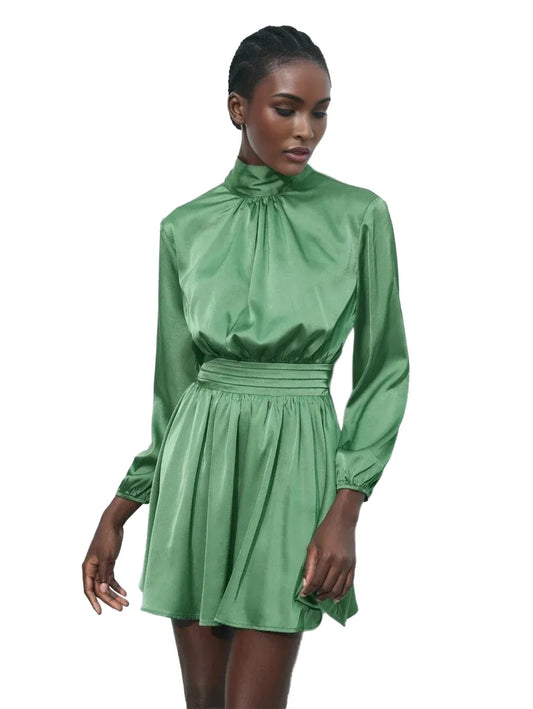 Zoe Short Dress with Elegant High Collar in Green - modified image