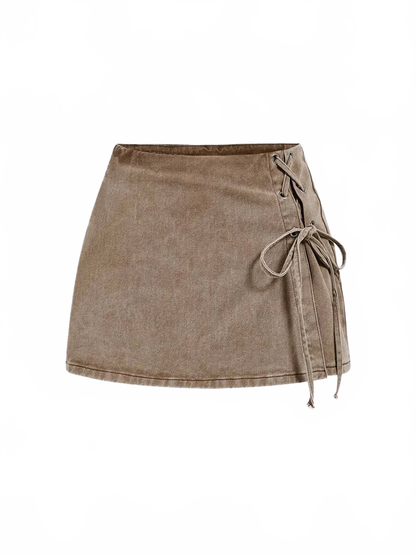 Jolanda Denim Shorts Women Tie Waist Skirt in Coffee