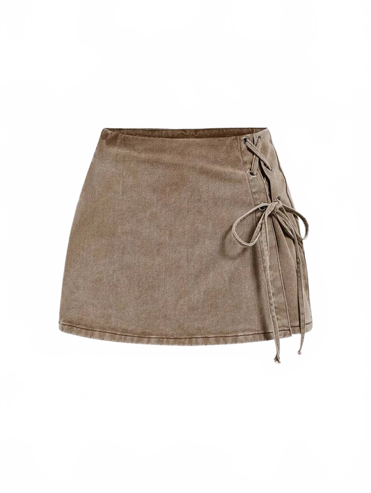Jolanda Denim Shorts Women Tie Waist Skirt in Coffee