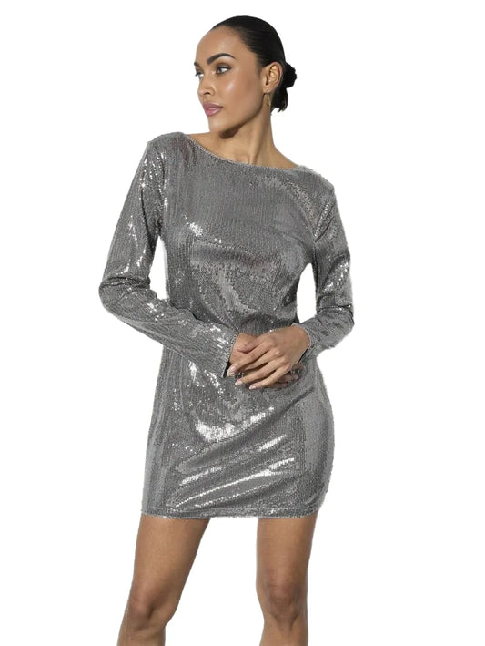 Aida Short Dress with Sequin Detailing in Grey - modified image