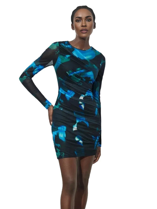 Rosetta Short Dress with Long Sleeves and Abstract Print in Blue - modified image
