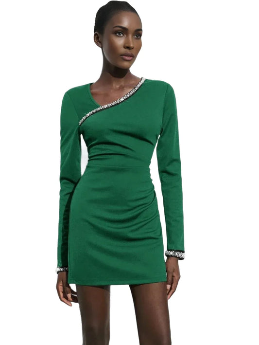 Adriana Short Dress with Asymmetric Neckline in Green - modified image