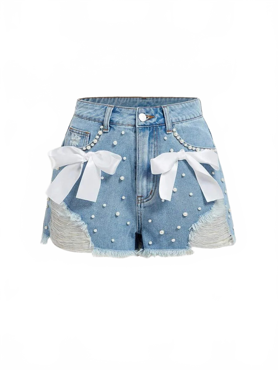 Khloe Denim Shorts Women with Bow and Pearl Detailing in Blue