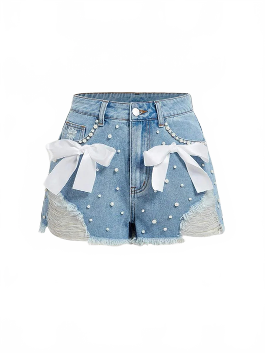 Khloe Denim Shorts Women with Bow and Pearl Detailing in Blue