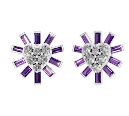 Van Hoef Moissanite Heart Stud Earrings 925 Sterling Silver – Baguette Cut – 0.52ct – Rhodium Plated