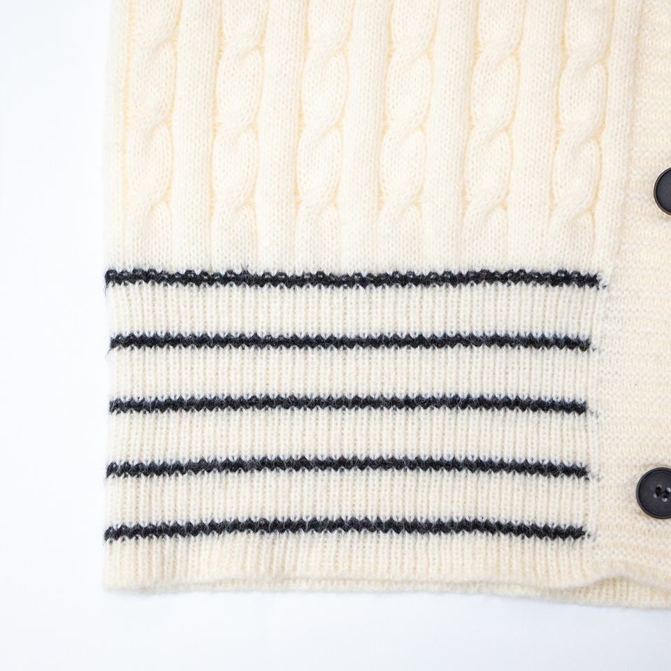 Cardigan Sweater – White Varsity Style – Cable Knit – Peter Pan Collar
