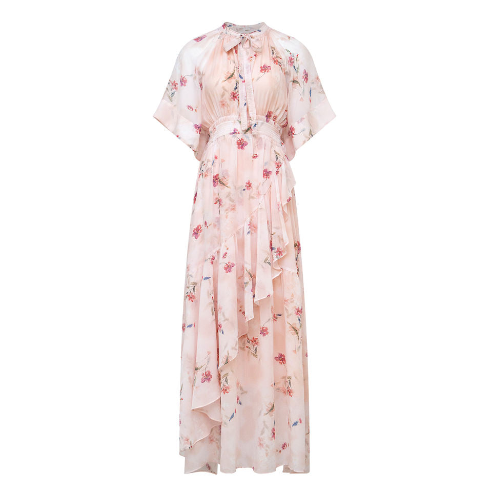 Maxi Dress – Floral Chiffon Print – O-Neck – Haute Couture Evening Style