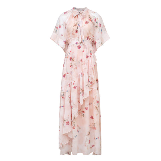 Maxi Dress – Floral Chiffon Print – O-Neck – Haute Couture Evening Style
