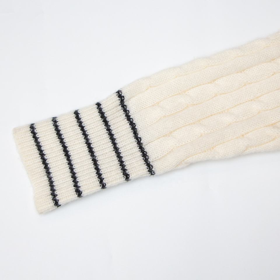 Cardigan Sweater – White Varsity Style – Cable Knit – Peter Pan Collar