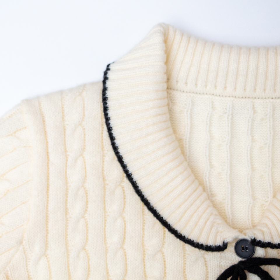 Cardigan Sweater – White Varsity Style – Cable Knit – Peter Pan Collar