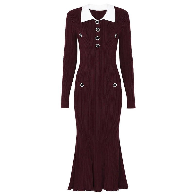 Marina Van Hoef Contrast-Collar Ribbed Midi Dress