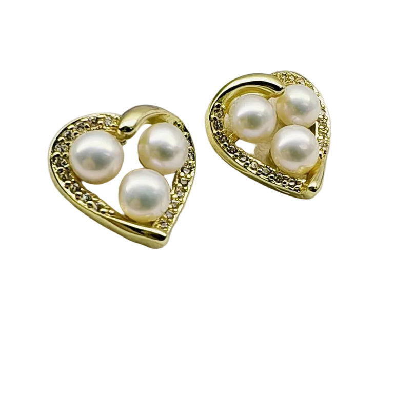 18K Gold Plated AAAA Freshwater Pearl Heart Stud Earrings
