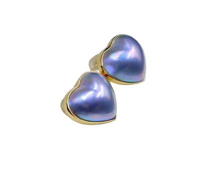 18K Gold Blue Mabe Pearl Heart Stud Earrings