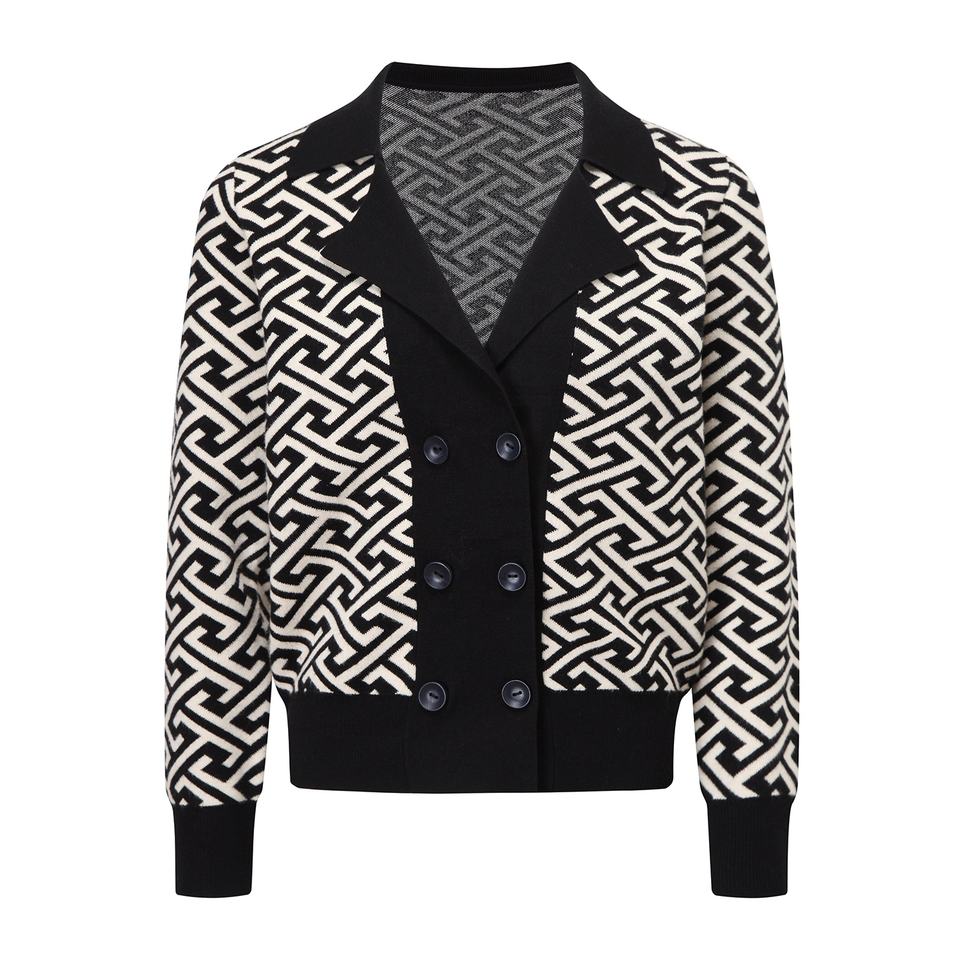Cardigan Sweater – Geometric Knit Design – V-Neck – Double Breasted Style
