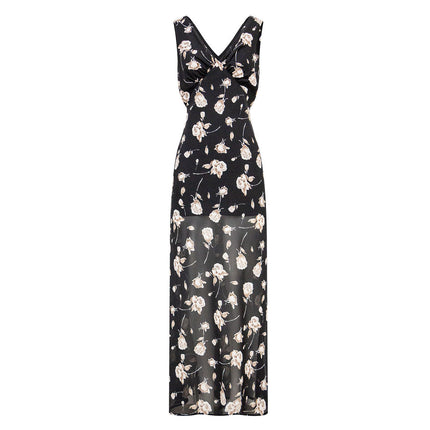Midi Dress – Black Floral Print – Sleeveless V-Neck – Chic Party Style