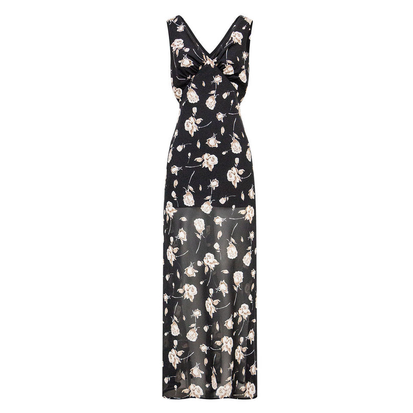 Midi Dress – Black Floral Print – Sleeveless V-Neck – Chic Party Style