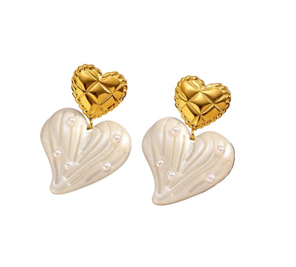 Vintage Heart Pearl Stud Earrings Gold Tone Stainless Steel
