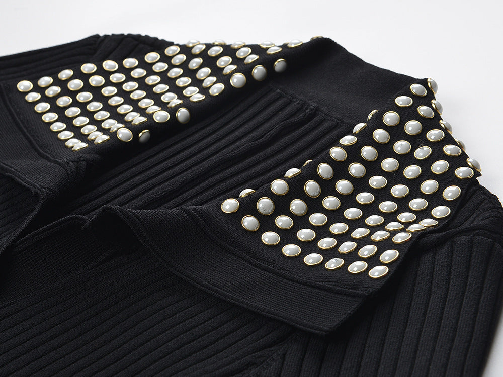 Button-Down Maxi Dress with Studded Collar in Black