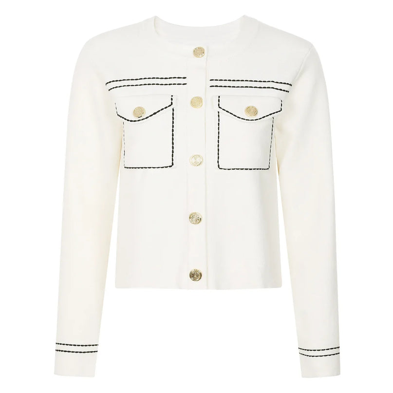 Amara Van Hoef Contrast-Stitch Button Cardigan