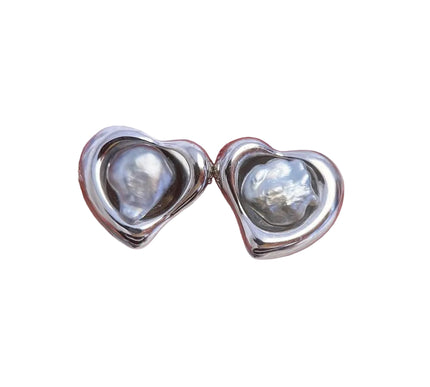 AAA Tahitian Black Pearl Heart Stud Earrings 925 Silver