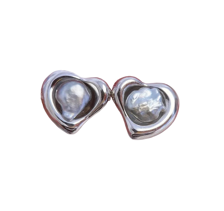 AAA Tahitian Black Pearl Heart Stud Earrings 925 Silver