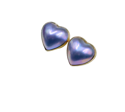 18K Gold Blue Mabe Pearl Heart Stud Earrings