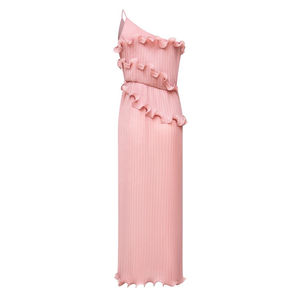 Midi Dress – One Shoulder Design – Pleated Ruffle Style – Chic Elegance