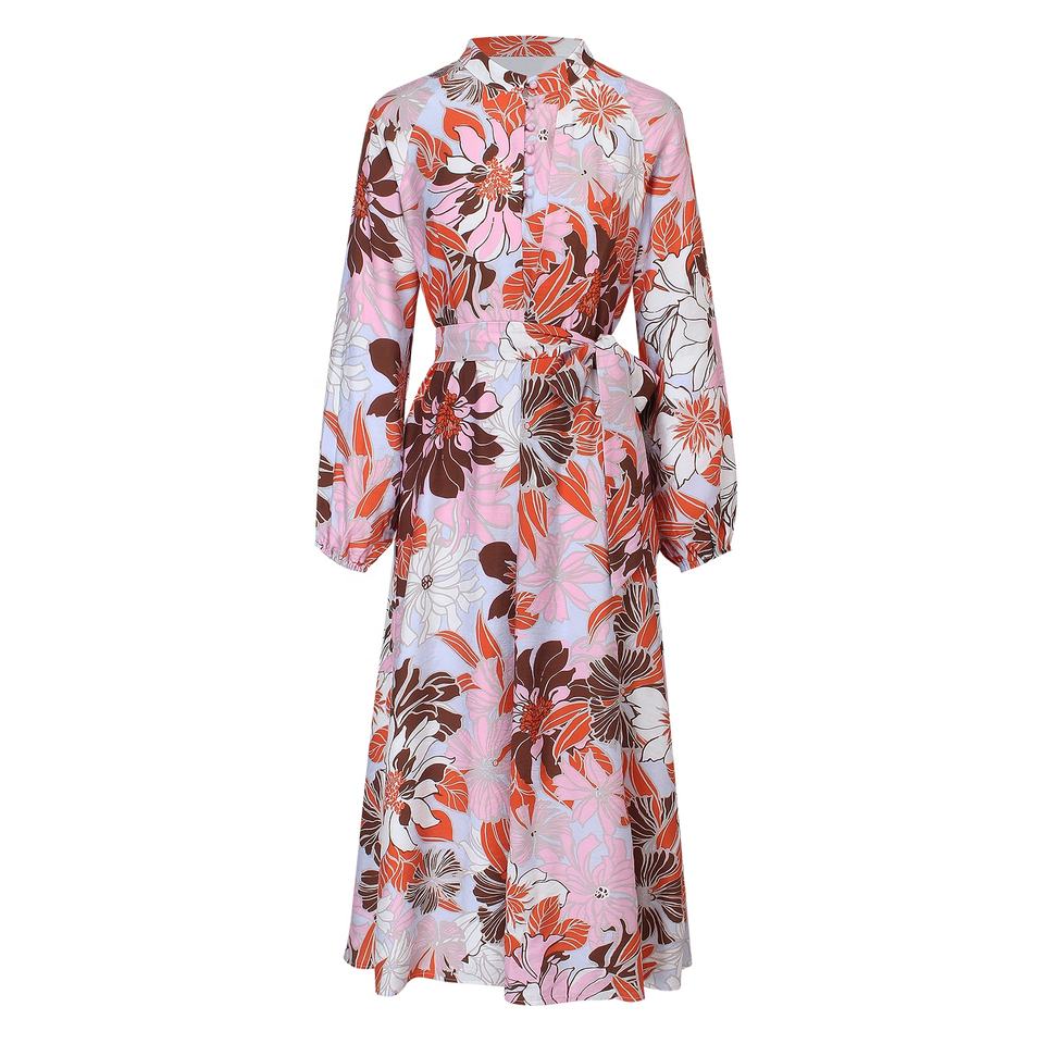Maxi Dress – Red Floral Print – Round Neckline – Elegant A-Line Style