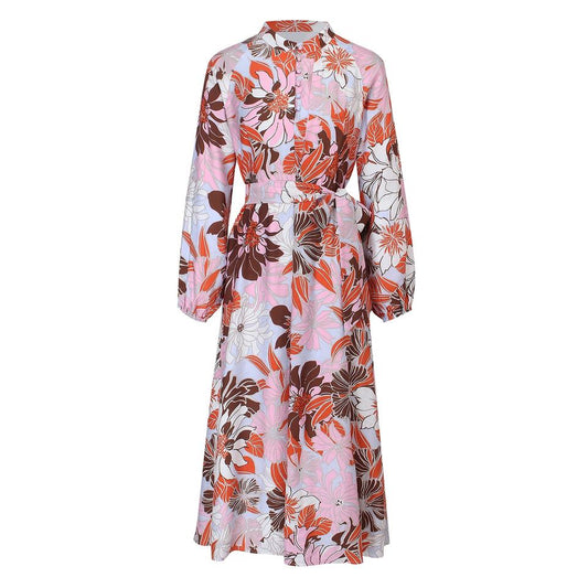 Maxi Dress – Red Floral Print – Round Neckline – Elegant A-Line Style