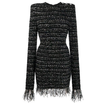 Lena Van Hoef Fringe Hem Tweed Mini Dress