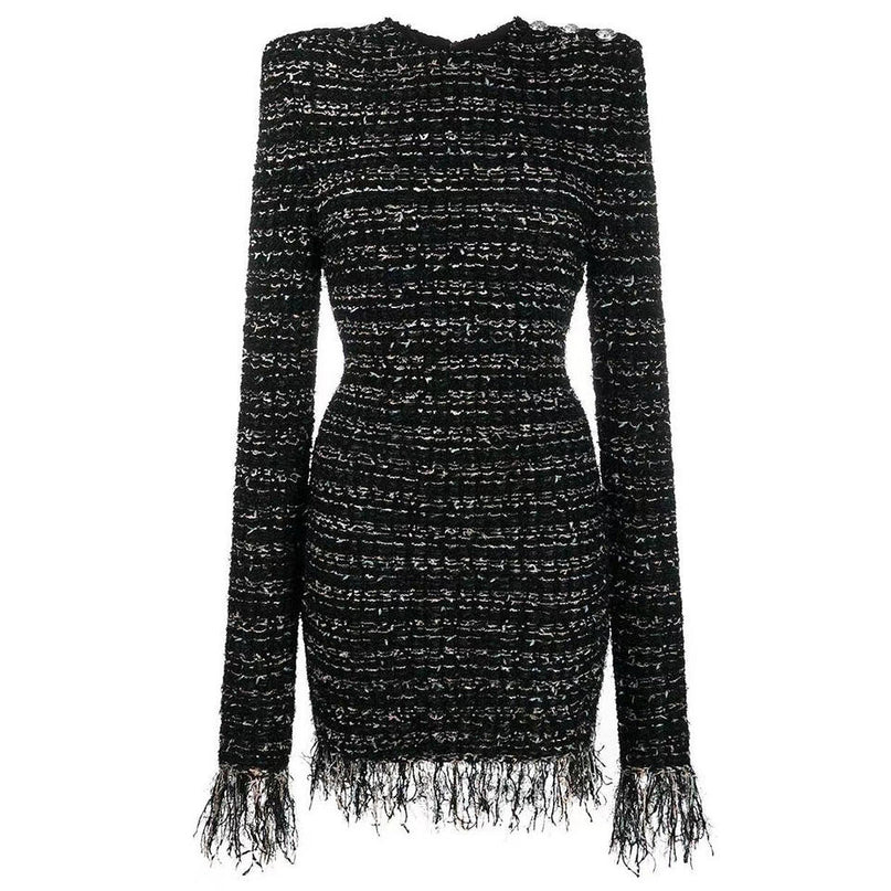 Lena Van Hoef Fringe Hem Tweed Mini Dress