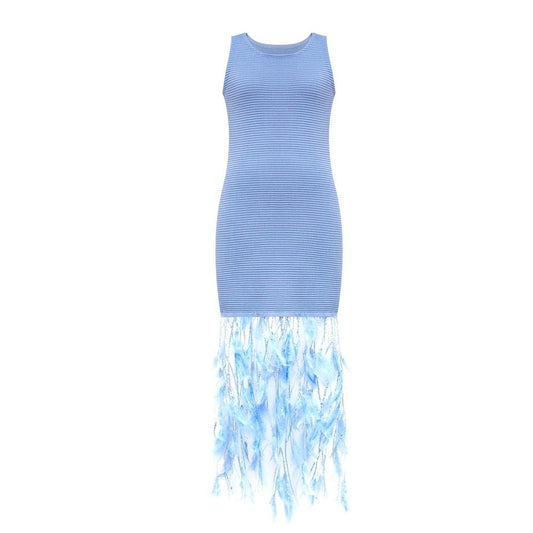 Evening Dress – Feather Fringe Hem – Sleeveless Bodycon – Luxury Chic Style