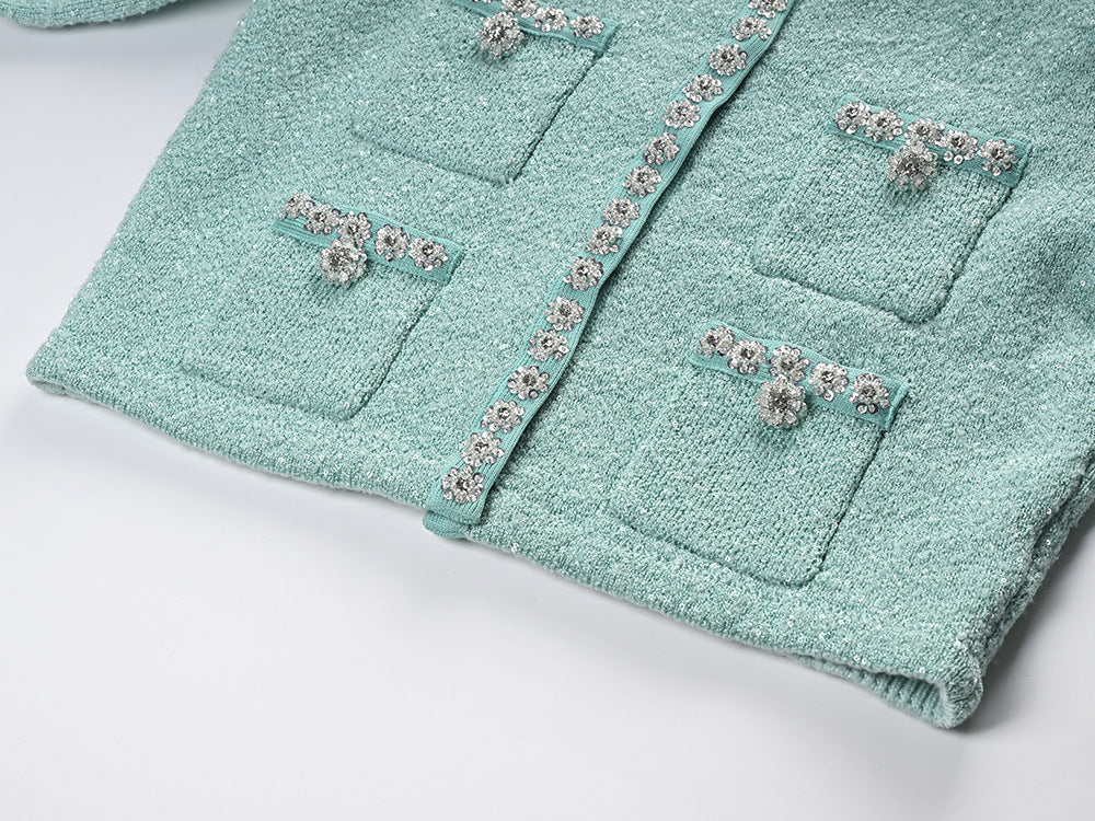 Chanel-Inspired Cropped Jacket & Pleated Skirt Set in Green