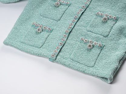 Chanel-Inspired Cropped Jacket & Pleated Skirt Set in Green