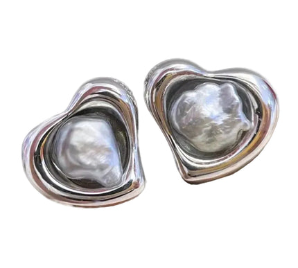AAA Tahitian Black Pearl Heart Stud Earrings 925 Silver