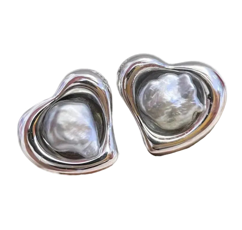 AAA Tahitian Black Pearl Heart Stud Earrings 925 Silver